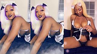 the ebony maid starts house cleaning in her thong costume for roleplay. she gives jerk off instructions with pierced nipples and big tits in homemade mature cosplay.