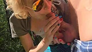 Wife surprises hubby with a quick outdoor handjob under her skirt flashing pierced nipples and panties 😏