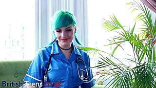 Blue Haired Alternative Nurse Handles Your Cock During A Sexy Hospital Appointment In Lingerie And Pantyhose