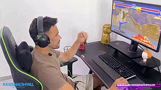 The gamer boy's wild fantasy of a 3some with a busty blonde and muscular Latina turned into an actual steamy reality session.