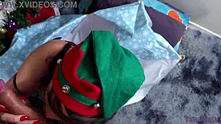 hey, santas slutty elf babe in christmas cosplay miniskirt and stockings returns for pov blowjob, deepthroat fucking, and cum on natural tits