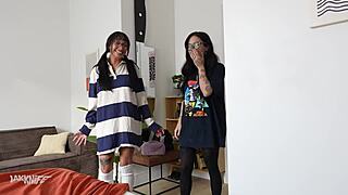 effy cutie and natasha noel these big titty goth girls share a bed for sensual threesome action with moans and rides