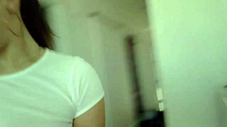 Texas hottie with shaved pussy bends over in doggystyle using dildo close up