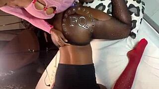 stepmom licks stepdaughters pussy in homemade threesome. they end with hard strapon fucking bent over.