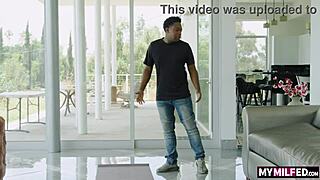 Paris the Muse, hot milf, catches milk man for cumshot workout.