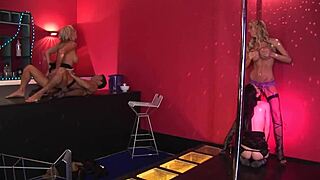 Milf pornstars engage in rough orgy with moaning orgasms and wet pussy fucking at night club.