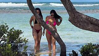 Brazilian Brunettes with Big Asses Kissing Passionately on Public Beach