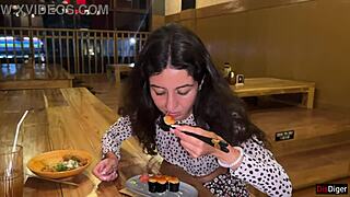 Surprisingly cum on her face in public sushi bar then she eats rolls covered in it