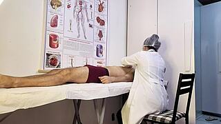 patient gets erect during exam so brazilian nurse handles his big cock with deepthroat.