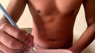 Amateur athlete masturbates during fitness homework session. She focuses on personal pleasure amid her routine tasks.