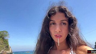So this brunette hottie sucked my dick on a public beach then walked along the shore with cum all over her face like a total cumwalk adventure