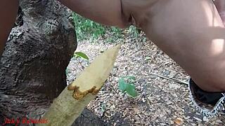 I uh perverted slut like squirts piss from that wooden stake out in the forest ya know all homemade and kinky with mature milf vibes.