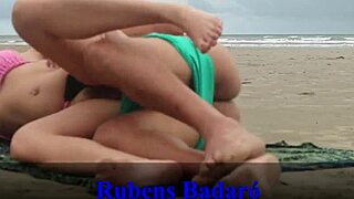 In a clever disguise as beachgoers, the couple sneaks in passionate doggystyle sex on the sandy shore.