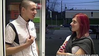 redhead margo in nylons enjoys a quickie with european guy. she rides, licks, and swallows his cumshot.