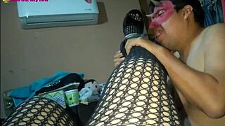 lingerie and high heels with fishnets lead to footjob from fat latina milf whore!