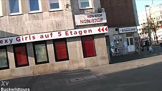 Unexpected contrasts in tourist sights along Reitwallstraße in Hannover Germany draw curious visitors