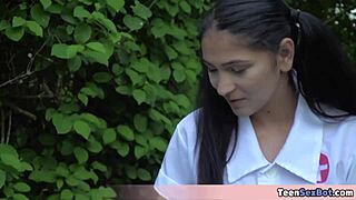 cute brunette nurse jumps on the cock of her older patient and looks like the treatment is working in this hospital outdoor scene