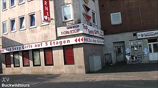 Unexpected contrasts in tourist sights along Reitwallstraße in Hannover Germany draw curious visitors