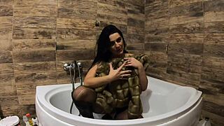 Milfycalla teases with pee play in bathtub wearing fur coat and pantyhose - oh my god, so sexy and tight!