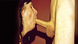 Goat takes long cock deep in throat for blowjob.