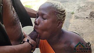 This naughtiest slutty queen bends over for hot doggy from a big fat black cock. She gets cum all over her pretty face in rough outdoor action.