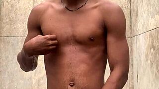 amateur gives a soapy dick massage in the shower, almost gets caught during first time monster cock action.