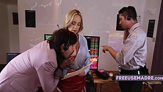 Blonde milf gets bent over in stockings for doggystyle sex. She chats on the phone during the shop encounter.