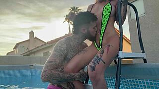 Pool boy gets paid with teasing ass licks and rough outdoor sex