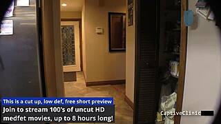 In the hospital room, a shaved nurse in latex gloves spanks the patient during a fetish backstage session. Her small tits peek out.