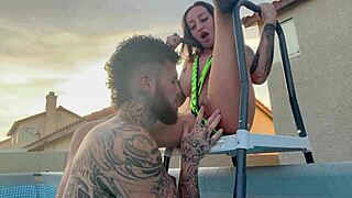 Pool boy gets paid with teasing ass licks and rough outdoor sex