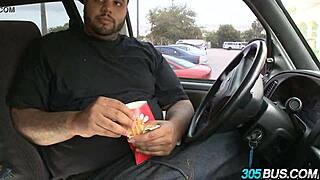 Gorgeous brunette teen slut Rachel Rose gives car blowjob for cash in public humiliation