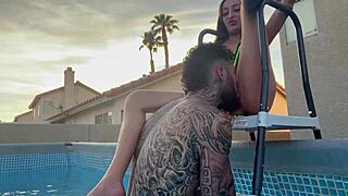 Pool boy gets paid with teasing ass licks and rough outdoor sex