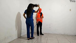 Dirty Hospital Nurse Flirts with Janitor Gives Saliva Blowjob to Worker Penis