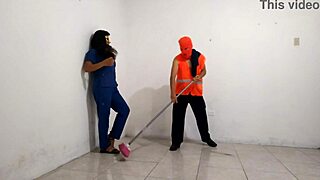 Dirty Hospital Nurse Flirts with Janitor Gives Saliva Blowjob to Worker Penis