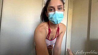 Naughty nurse in lingerie gives pov titjob and blowjob to patient. She ends up with cum all over her mask.
