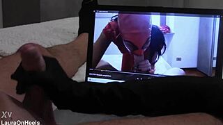 Preview Gift to My Biggest Fan Handjob in Gloves While Watching Vid with Cumshot and Monster Cock
