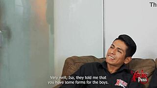 Three young horny guys in porn casting with submissive redhead nymphomaniac