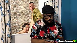 Blonde Brazilian wife boldly takes cum in mouth from husband's friend while cuckold watches the intense fucking.