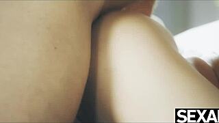 brunette babe with big tits gives blowjob then rides missionary to creampie orgasm in couple session. long legs wrap around during passionate fuck.