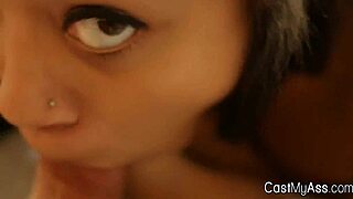Perky ebony teen amateur gives blowjob in g-string during hardcore interracial casting interview
