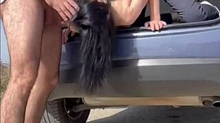 the story unfolds with a sensual blowjob leading to a perfect cumshot in the trunk