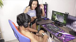 In a surprising twist, a video game-loving guy gets ambushed by a hot Colombian Latina for her first-time creampie in POV style