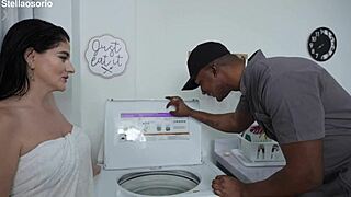 i fuck the repairman technician with his monster black cock in doggystyle and cowgirl, he licks my big tits and wet pussy then cums all over them