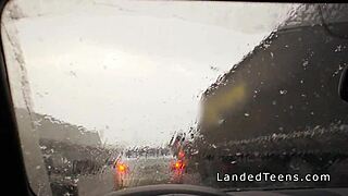 Shaved cunt teen does anal in the car with blowjob and rough fucking outdoors