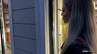 Risky public blowjob from blonde slut in car ends with cum swallow