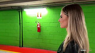 Risky public blowjob from blonde slut in car ends with cum swallow