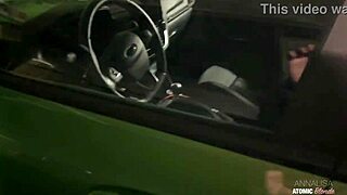 Risky public blowjob from blonde slut in car ends with cum swallow