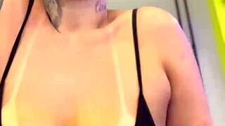 at the building gym, folks passing by stare at my wet pussy and hard nipples on small tits outdoors