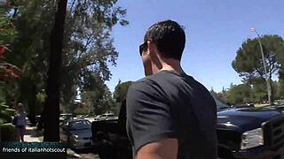 gorgeous blonde girl rides missionary with hot guy and his huge cock outdoors