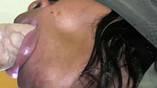 Ebony performs thick semen oral extraction on big white cock while blindfolded.